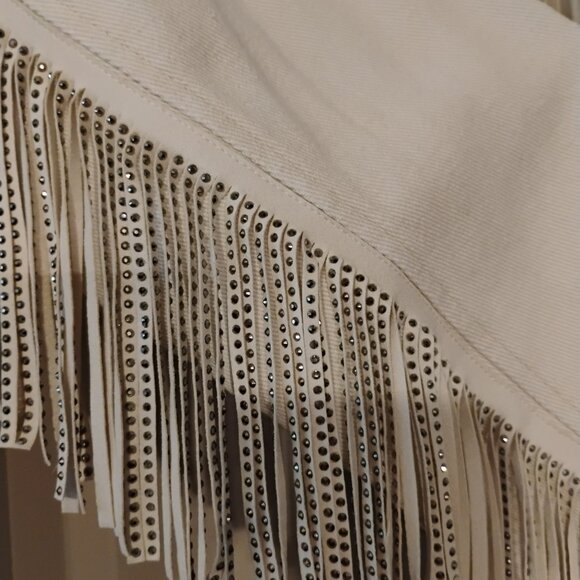 Medium Blue B Collection Cream Denim Fringe Jacket - Picture 4 of 5